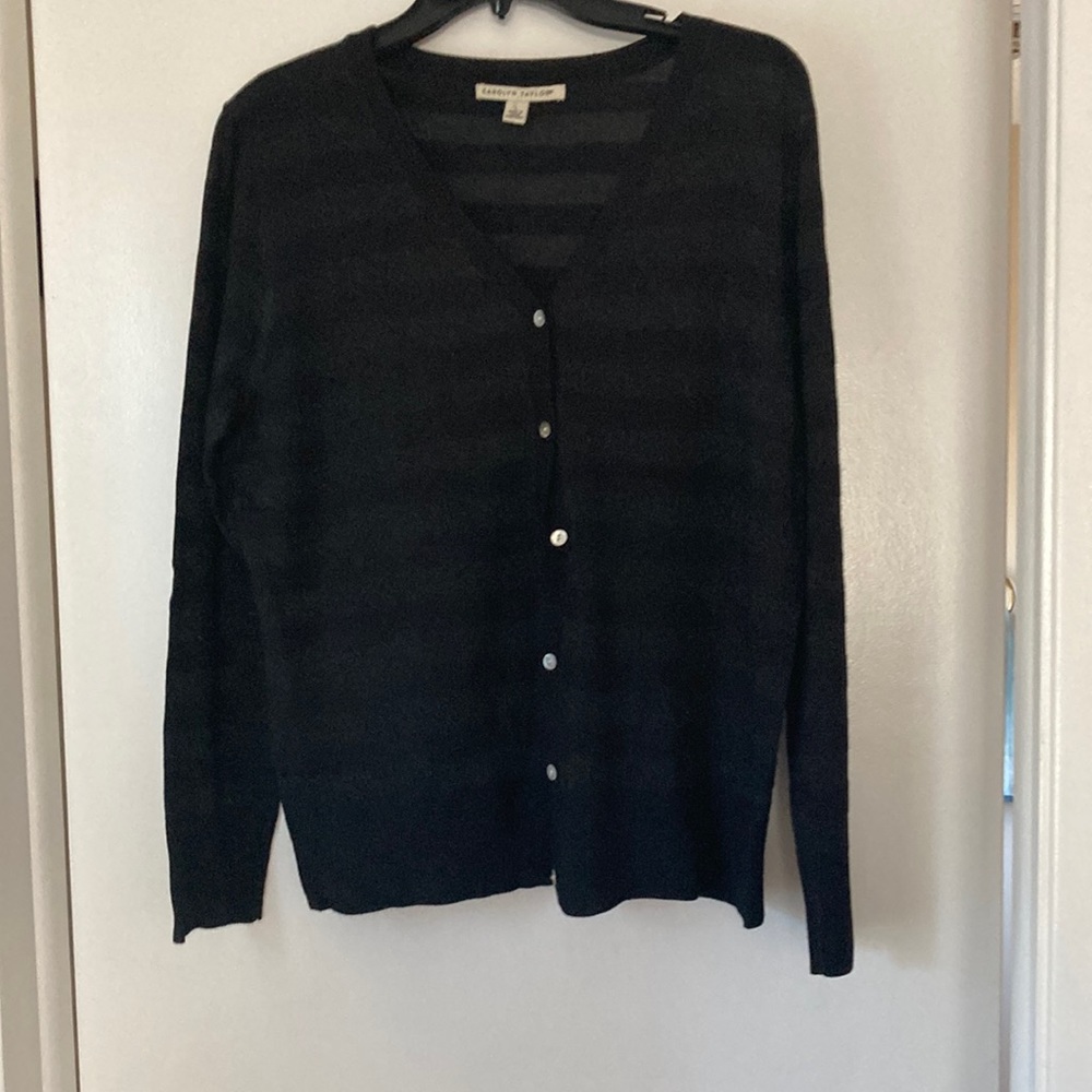 Black Cardigan with Soft Metallic Silver Stripes Great to Wear Dressy Or Casual